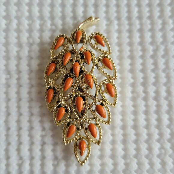 Gerry'S Jewelry - Gerry's Signed Filigree Leaf Brooch Pin Enamel Orange Teardrops Goldtone Metal